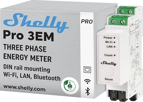 Shelly Pro 3EM-400A, DIN-Schienen-Stromverbrauchsmessgerät, 3-Phasen, 400A, Strommesssensor