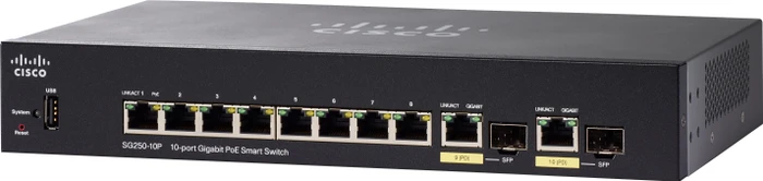 Cisco SG250 Desktop Gigabit Smart Switch, 8x RJ-45, 2x RJ-45/SFP, 62W PoE+