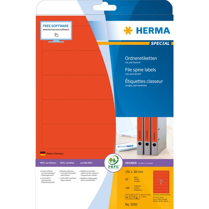 Herma Ordneretiketten, 192x34mm, rot, 20 Blatt (140 Etiketten)