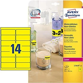 Avery-Zweckform Neonetiketten, 99.1x38.1mm, ablösbar, gelb, 25 Blatt (350 Etiketten)