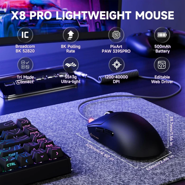 Attack Shark X8 Pro Tri-mode Wireless Gaming Mouse, schwarz, USB/Bluetooth