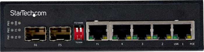 StarTech Industrial Railmount Gigabit Switch, 4x RJ-45, 1x SFP, 1x RJ-45/SFP, 120W PoE+