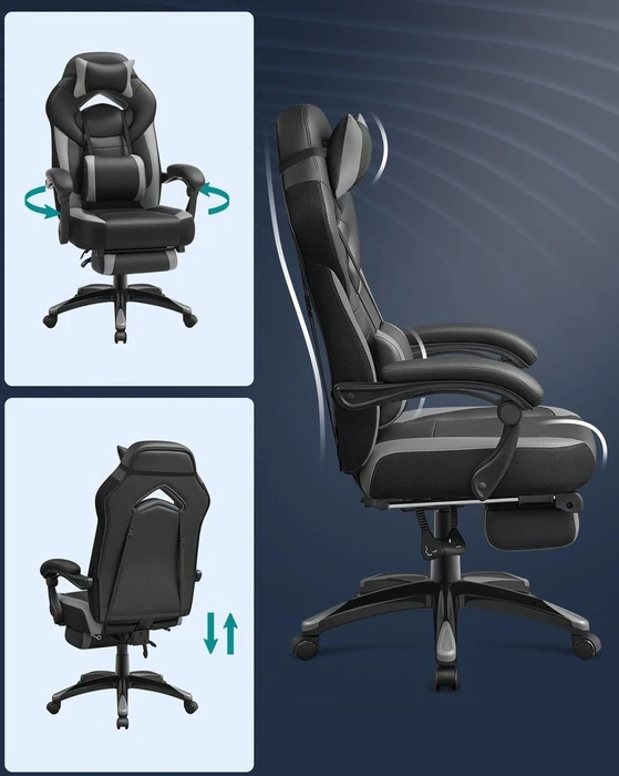 Songmics Gamingstuhl mit Fußstütze, schwarz/grau