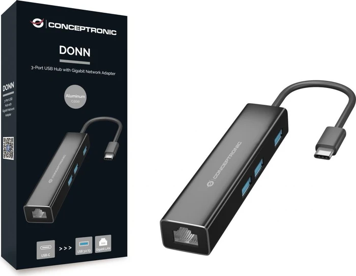 Conceptronic 3-Port USB-Hub mit Netzwerkadapter, USB-C 3.0 [Stecker]