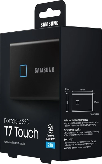 Samsung Portable SSD T7 Touch, Metallic Black, 2TB, USB-C 3.1