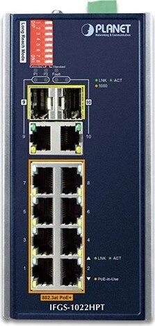 Planet IFGS-1022HPT Industrial Railmount Managed Switch, 8x RJ-45, 2x RJ-45/SFP, 240W PoE+