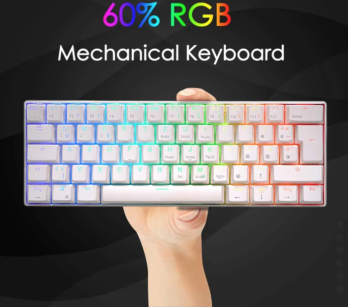 RK Royal Kludge RK61 60% Wireless, weiß, LEDs RGB, Gateron BLUE, USB/Bluetooth, DE