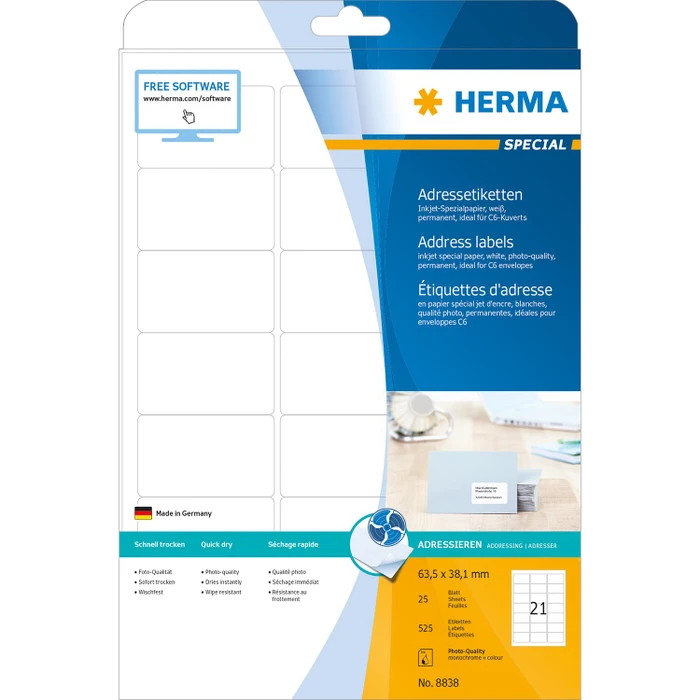 Herma Adressetiketten Inkjet, 63.5x38.1mm, weiß, matt, 25 Blatt (525 Etiketten)