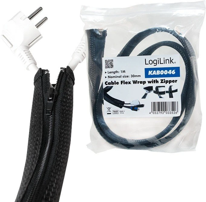 LogiLink Flexibler Kabelschutz Kabelmanagement mit Reißverschluss, 20mm, 1m, schwarz