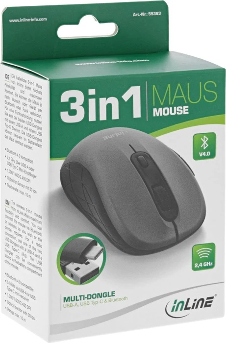 InLine Maus 3-in-1, grau/schwarz, USB/Bluetooth