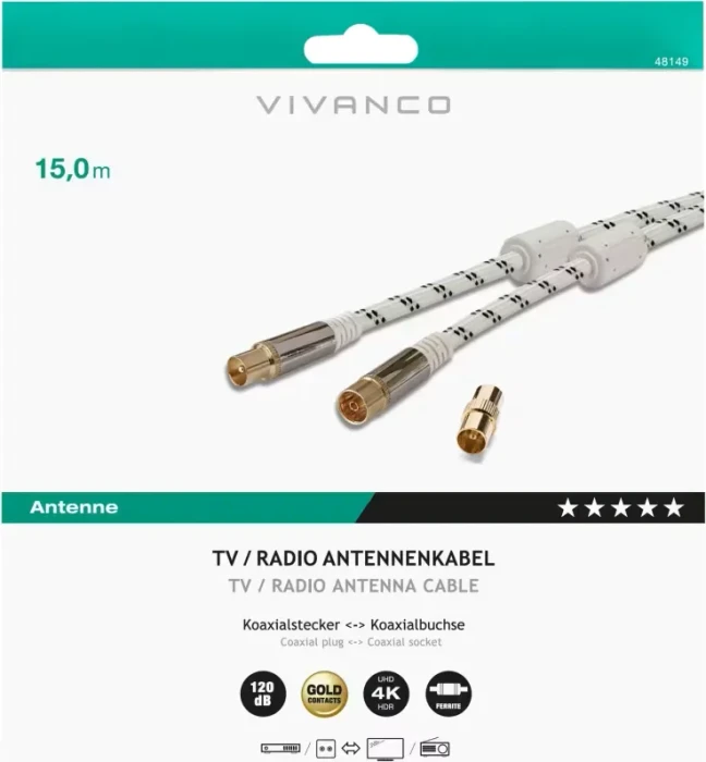 Vivanco Antennen-Kabel mit Nylonummantelung, Koax-Stecker - Koax-Kupplung, 120dB, 15m, weiß