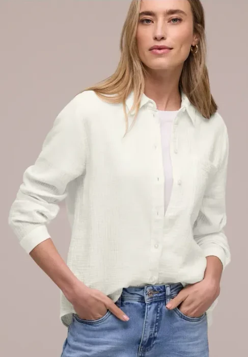 Street One Bluse mit Hemdkragen aus Musselinstoff Hemd langarm off white (Damen)