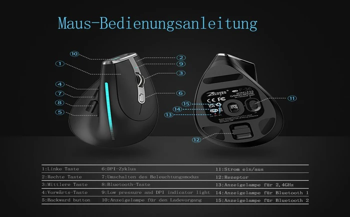 Zelotes F-36 Vertical Dual-Mode Wireless Mouse, schwarz, USB/Bluetooth