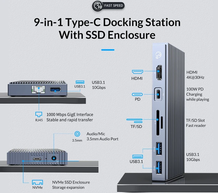 Orico Multifunctional Docking Station With SSD Enclosure, USB-C 3.1 [Buchse]