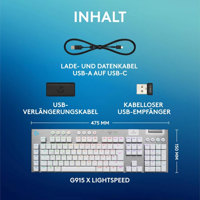 Logitech G915 X Lightspeed, weiß, LEDs RGB, GL TACTILE, USB/Bluetooth, US