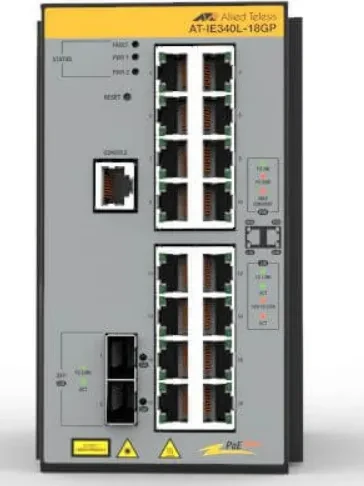 Allied Telesis IE340 Industrial Railmount Gigabit Managed Switch, 16x RJ-45, 2x SFP, 240W PoE+