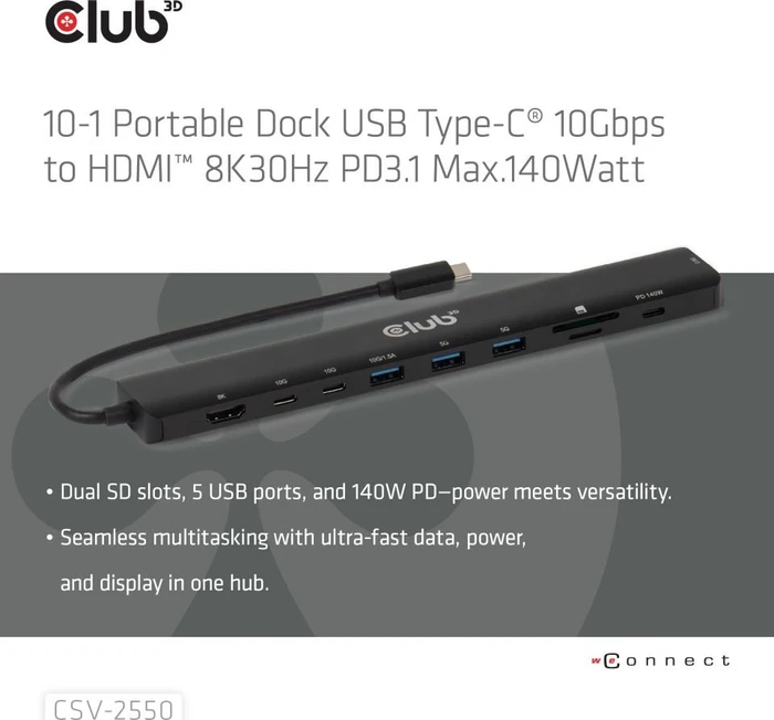 Club 3D 10-in-1 Hub USB Typ-C 140W, USB-C 3.1 [Buchse]