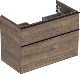 Geberit iCon Unterschrank für Handwaschbecken mit 2 Schubladen 88.8cm, Korpus und Front: Nussbaum hickory/Melamin Holzstruktur, Griff: lava/pulverbeschichtet matt