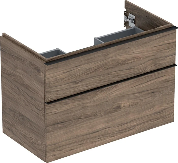 Geberit iCon Unterschrank für Handwaschbecken mit 2 Schubladen 88.8cm, Korpus und Front: Nussbaum hickory/Melamin Holzstruktur, Griff: lava/pulverbeschichtet matt