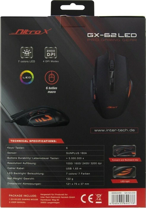 Inter-Tech Nitrox GX-62 LED Gaming Maus schwarz, USB