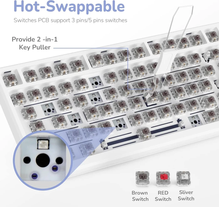 RK Royal Kludge M75 Wireless, weiß/violett, LEDs RGB, hot-swap, RK FAST SILVER, USB/Bluetooth, US