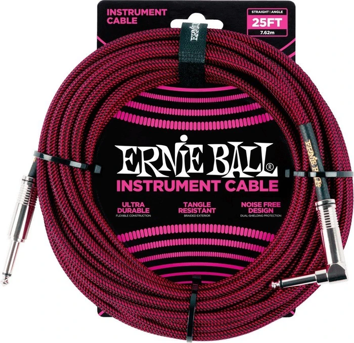 Ernie Ball 25' Braided Straight/Angle Instrument Cable Black/Rot