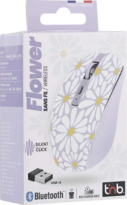 T'nB Rechargeable Bluetooth Wireless Mouse, Flower Exclusiv violett/weiß/gelb, USB/Bluetooth