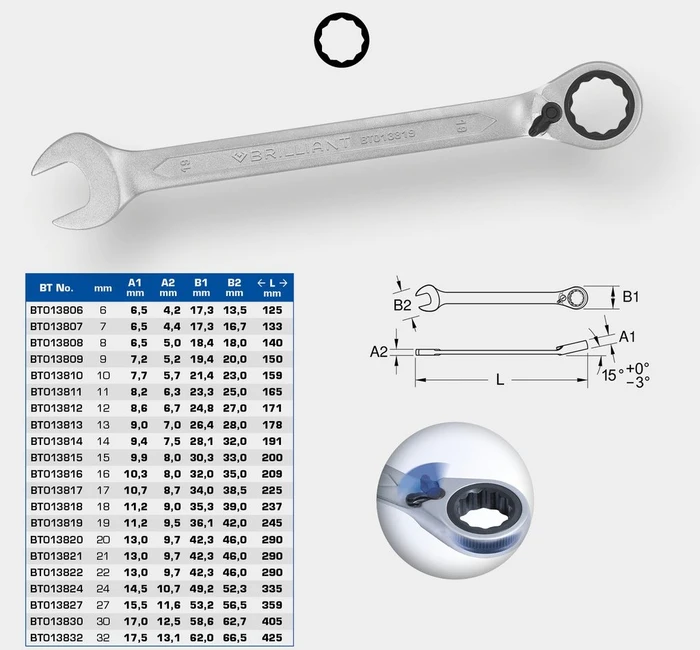 Brilliant Tools Maul-Ringratschenschlüssel, 6x195mm