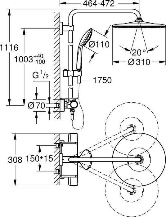 Grohe Vitalio Joy System 310 QuickFix Duschsystem mit Thermostatbatterie chrom