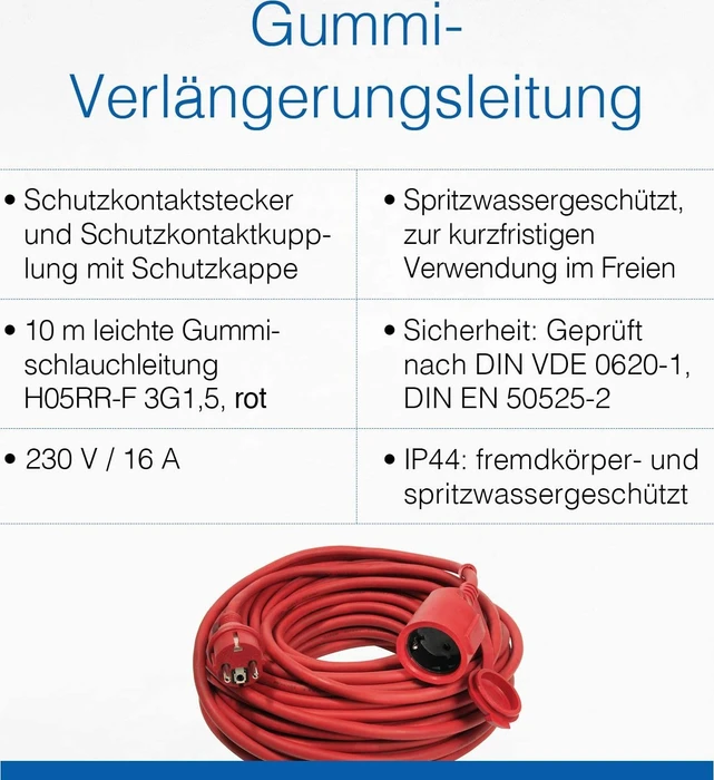 as-Schwabe leichtes Gummi Verlängerungskabel IP44 rot, H05RR-F 3G1.5, 10m