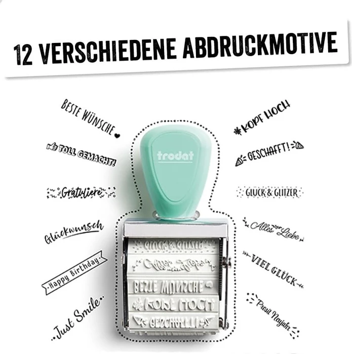 trodat Creative Mini Handstempel mit 12 Abdrucken "Beste Wünsche" inkl. 3-farbigem Kissen, 30x5mm, pastell grün, 2er-Set