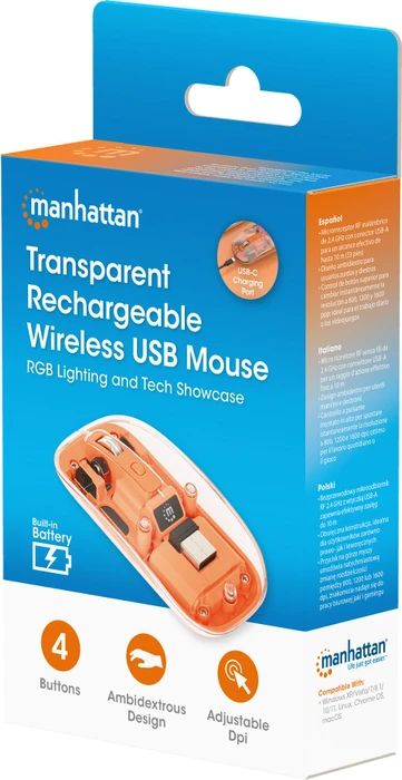 Manhattan Transparent Rechargeable Wireless Mouse, transparent/orange, USB