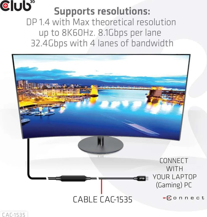 Club 3D USB-C 3.1 Kabel, aktiv, 10Gb/s, 8K60Hz, 60W PD, USB-C 3.1 Stecker auf USB-C 3.1 Stecker, 5m