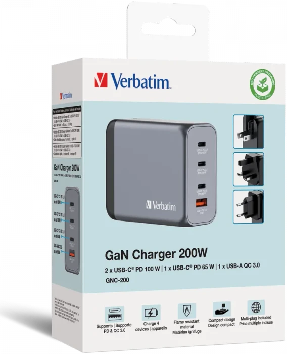 Verbatim GaN Ladegerät, 3x USB-C + 1x USB-A, 200W