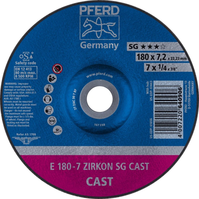 Pferd E 180-7 ZIRKON SG CAST Schleifscheibe, 180x7.2x22.23mm, 10 Stück