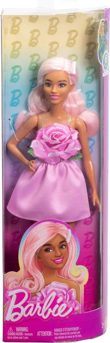 Mattel Barbie - Fashionistas Barbie mit pastellrosa Haaren, einem trägerlosen Kleid mit Rosenoberteil