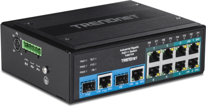 TRENDnet TI Hardened Industrial Railmount Gigabit Switch, 8x RJ-45, 2x RJ-45/SFP, 360W PoE++
