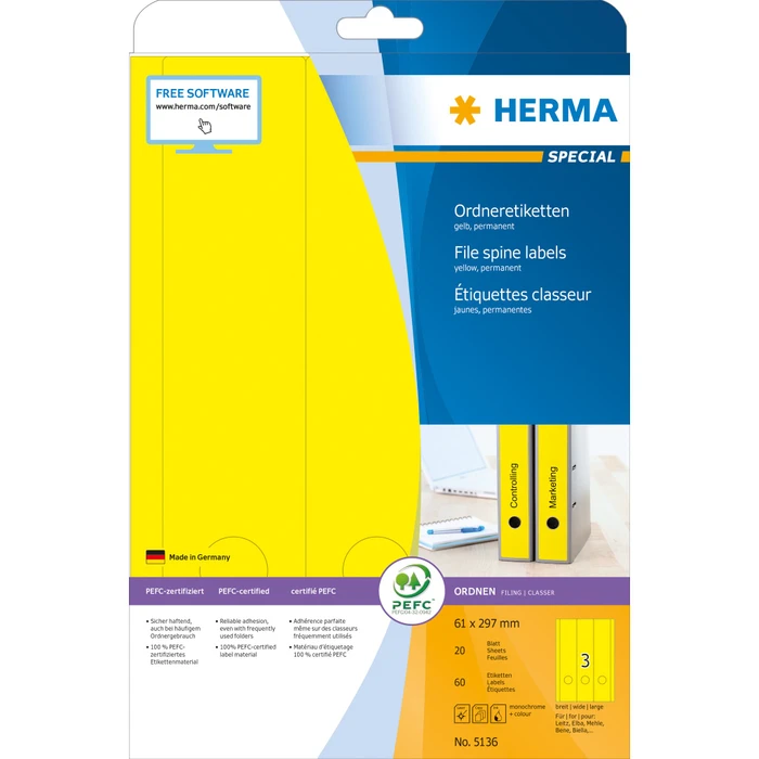 Herma Ordneretiketten, 61x297mm, gelb, 20 Blatt (60 Etiketten)