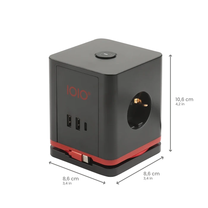 Olympia IOIO SW 1000 Steckdosenwürfel mit integriertem USB-C Ladekabel, 3-fach, 2x USB-C/2x USB-A, 1.5m, schwarz/rot