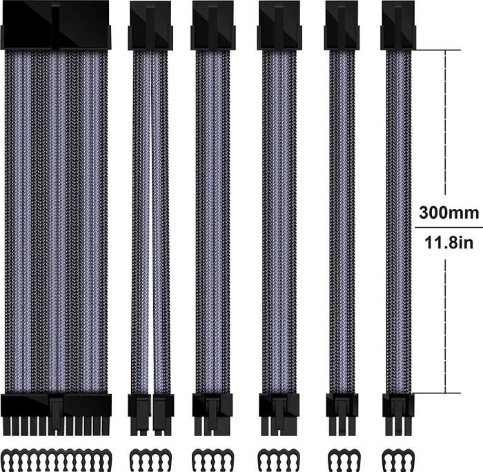 EZDIY-FAB Cable Extension Kit, 1x 24-Pin, 1x 4/8-Pin ATX, 2x 6-Pin PCIe, 16AWG, 2x 8-Pin PCIe, 16 AWG Nylon, grau/schwarz