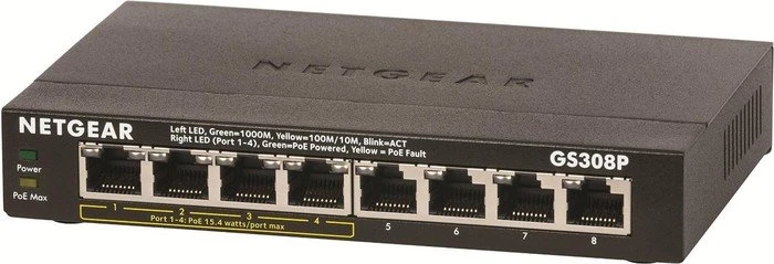 Netgear SOHO GS300 Desktop Gigabit Switch, 8x RJ-45, 53W PoE