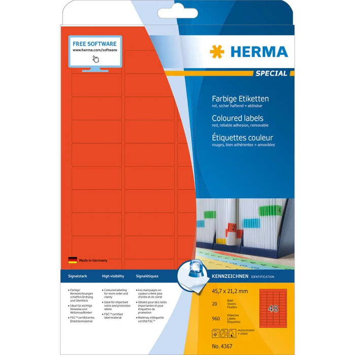 Herma Etiketten, 45.7x21.2mm, ablösbar, rot, 20 Blatt (480 Etiketten)