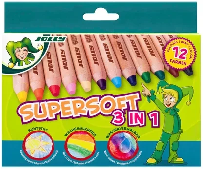 Jolly Supersoft 3 in 1 (Buntstift/Wachsmalkreide/Aquarellstift, wasservermalbar) Multifunktionsstift sortiert, 12er-Set