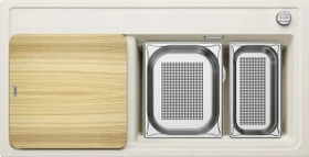 Blanco Zenar XL 6 S DampfgarPlus InFino Becken rechts mit Ablauffernbedienung softweiß inkl. Holzschneidebrett