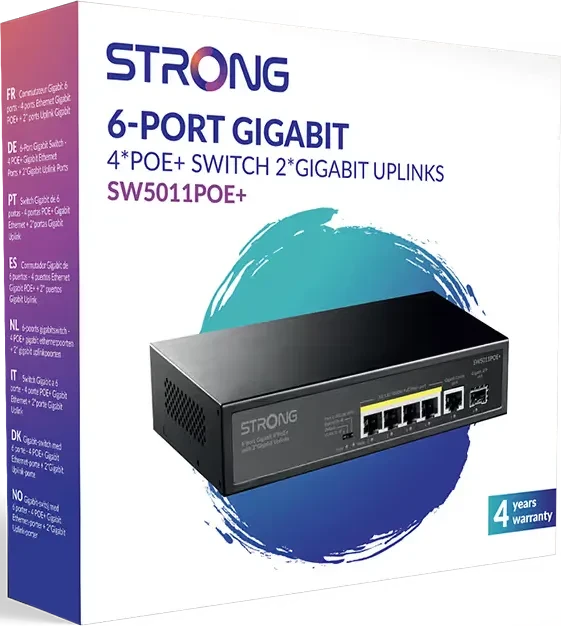 Strong Desktop Gigabit Switch, 5x RJ-45, 1x SFP, 100W PoE+