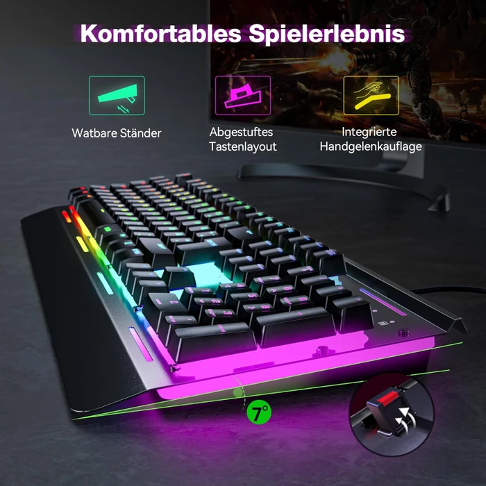 TeckNet RGB Gaming Keyboard, schwarz, LEDs RGB, USB, DE