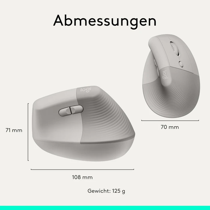Logitech Lift Vertical Ergonomic Mouse, Sand, Logi Bolt, USB/Bluetooth