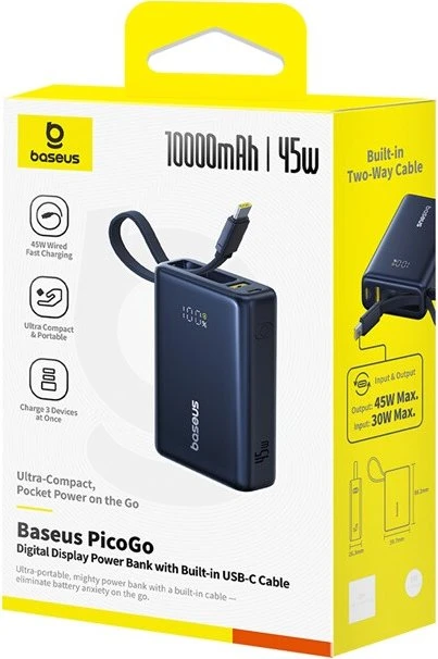 Baseus PicoGo Power Bank 45W 10000mAh mit eingebautem Kabel schwarz