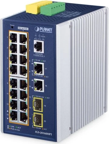Planet IGS-20160HPT Industrial Railmount Gigabit Managed Switch, 18x RJ-45, 2x SFP, 360W PoE+