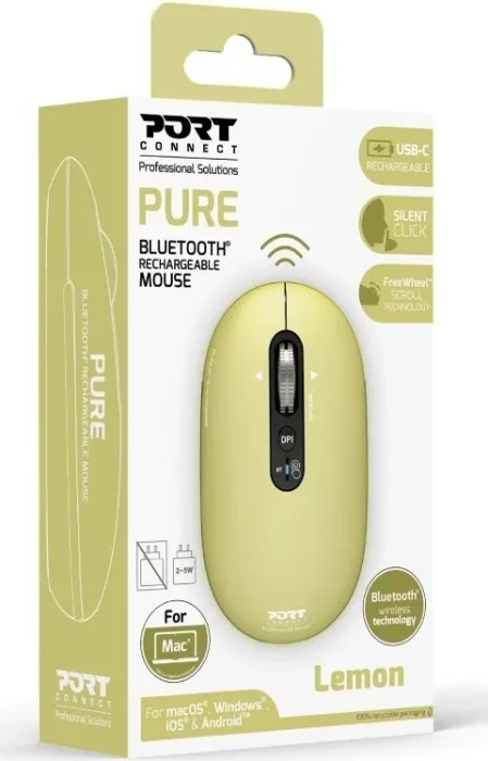 Port Designs Pure Mac Bluetooth Rechargeable Mouse, Lemon, Bluetooth